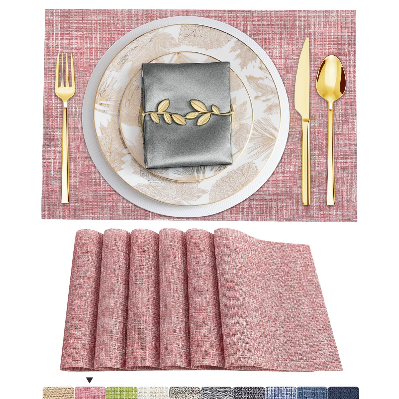 ARTAND Rose Red Table Mats Set of 6 Woven Vinyl Place Mats for Dinner Table Washable & Durable Indoor/Outdoor Use - 6 Pcs