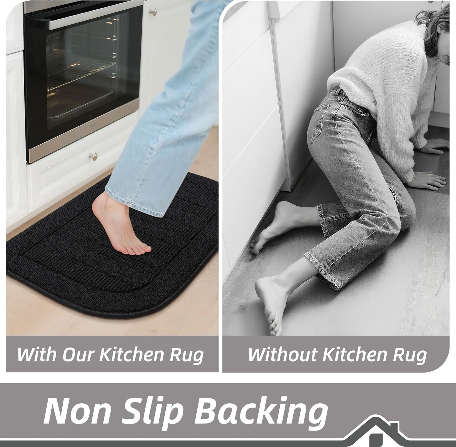 BEQHAUSE 24x36 Inch Kitchen Rug Mat Durable Kitchen Rugs Non-Slip Washable Absorbent Kitchen Mats for Floor Dirt-Resistant Semicircular Kitchen Mat (Black)