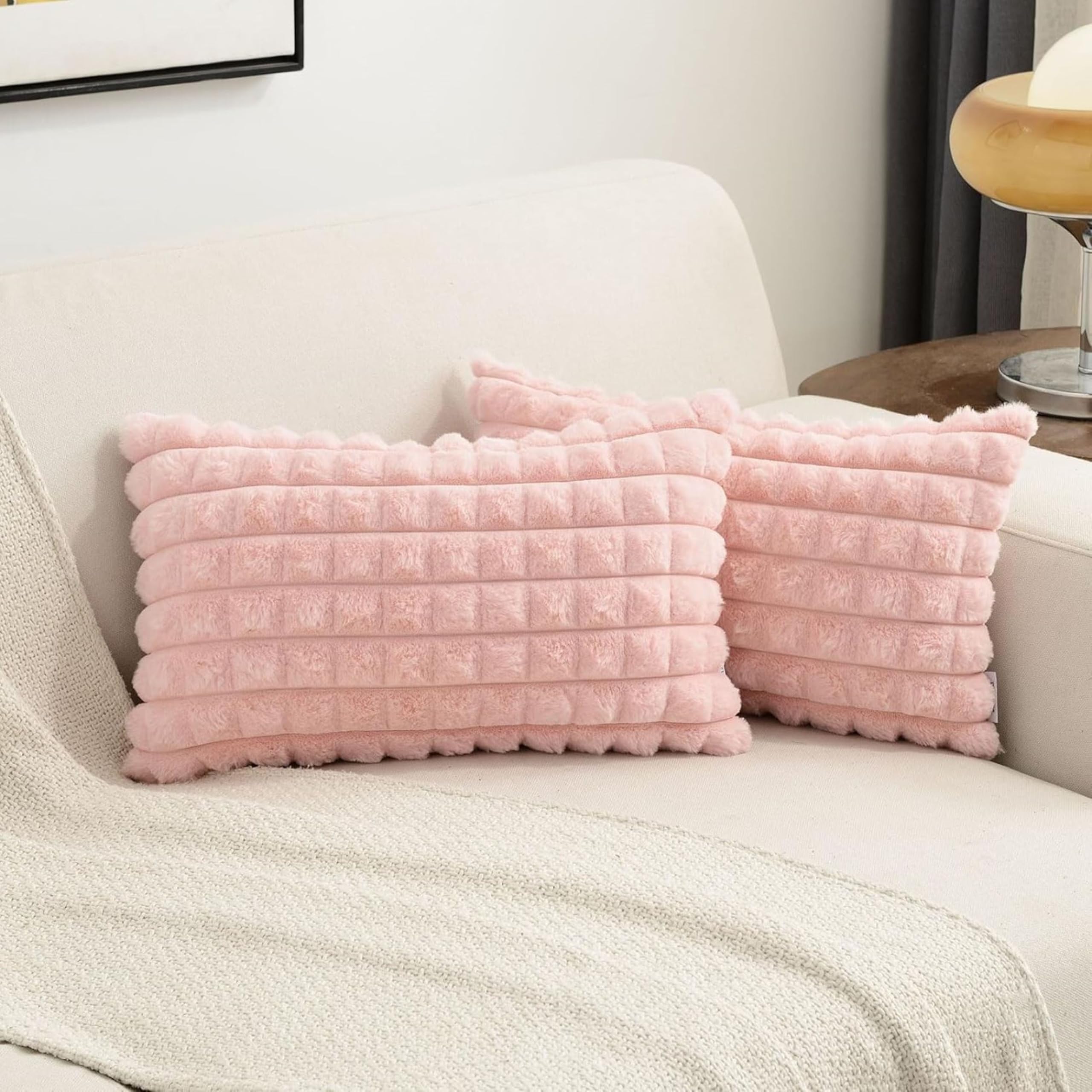 Attractive Checkered Design Faux Fur Cushion Cover for Bed, Sofa Couch, Pack of 1 Piece (Size-12" x 18" Inches) Light Pink Color-picture-42