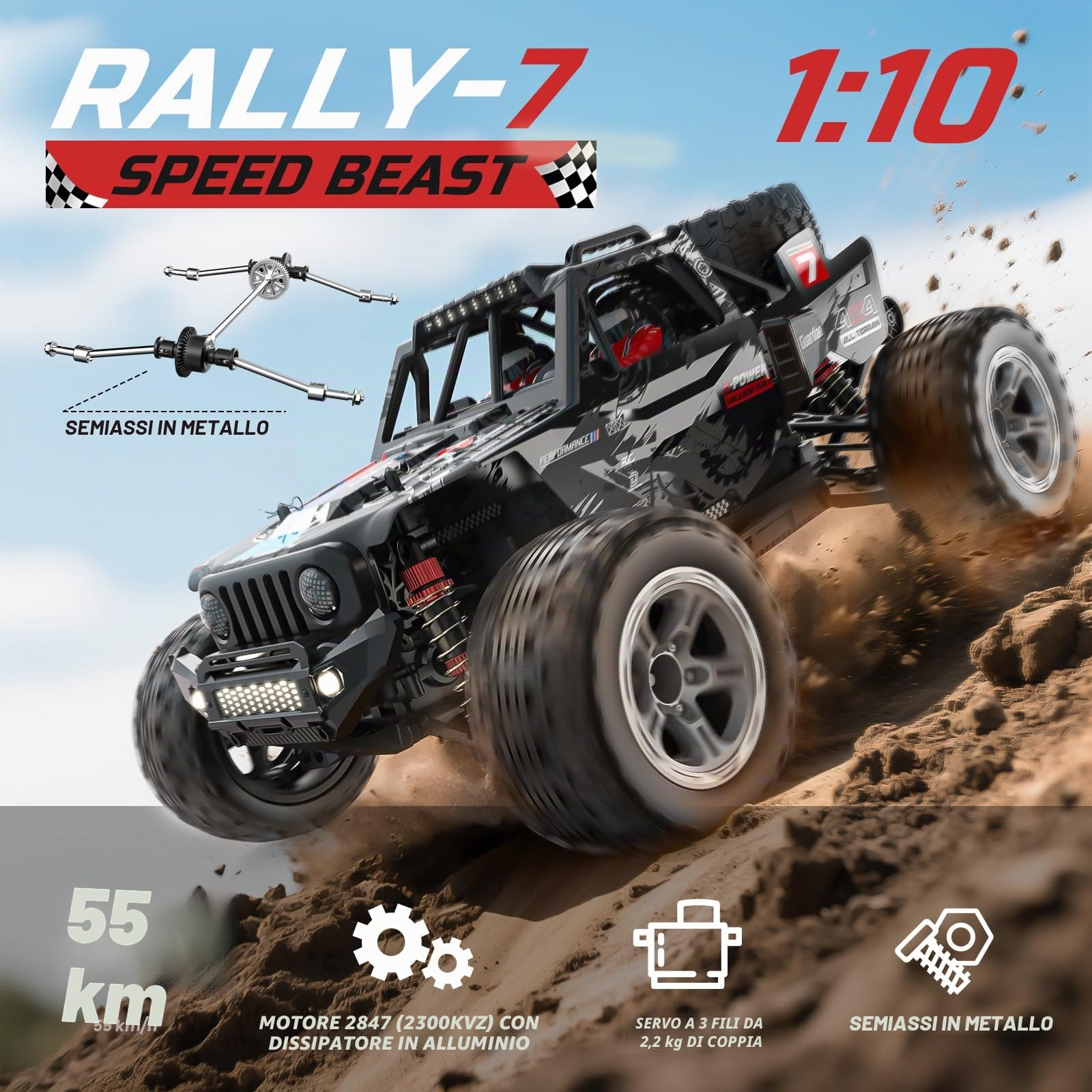 DEERC 207E 1/10 Brushless RC Truck per adulti, 55 KMH, auto radiocomandata veloce, 4WD, fuoristrada elettrica, Monster truck, Rally RC Car, crawler all-Terrain con batterie 3S per ragazzi