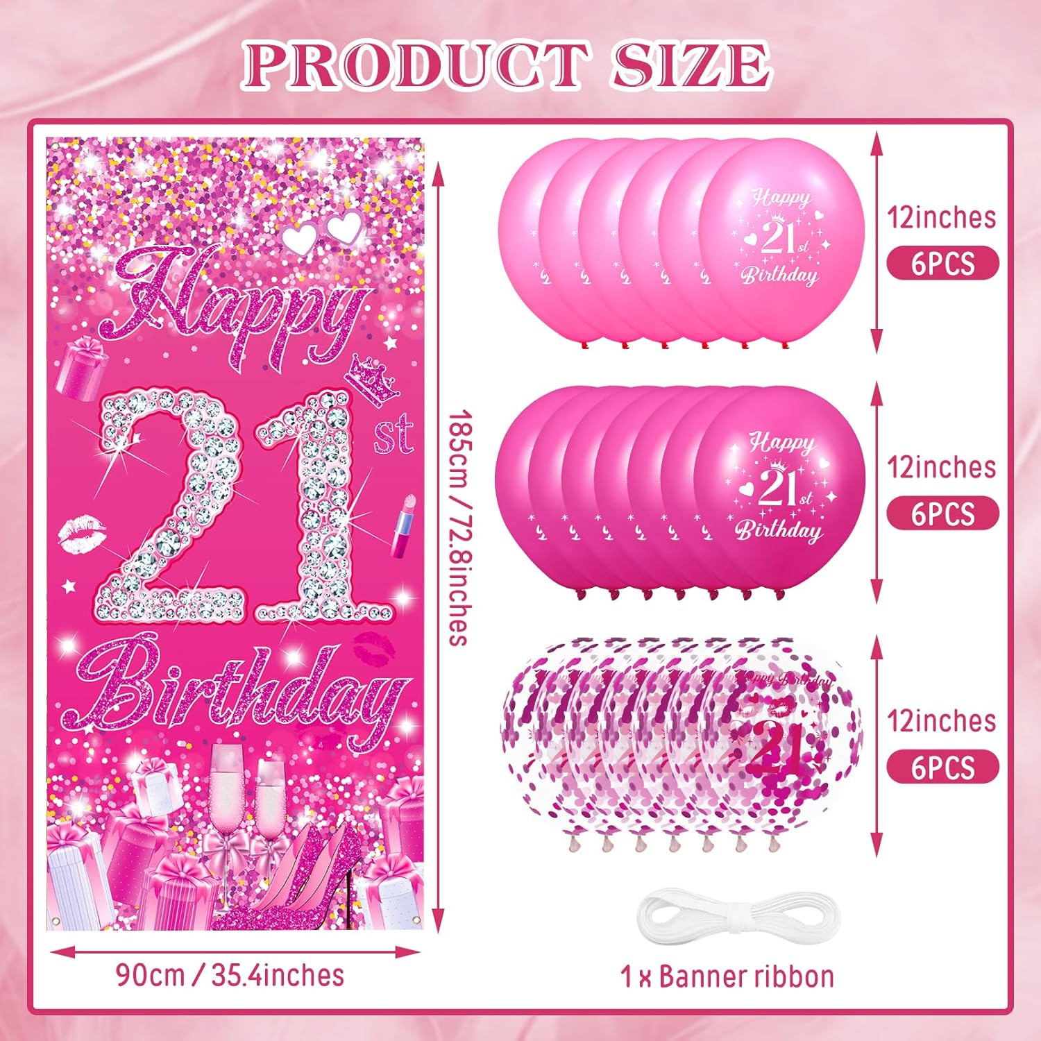 Pink 21st Birthday Decorations for Girls Women Pink Happy 21st Birthday Door Cover Banner & 18Pcs Happy 21st Birthday Balloons Decorations for Hot Pink 21st Birthday Anniversary Party Supplies - Image 7