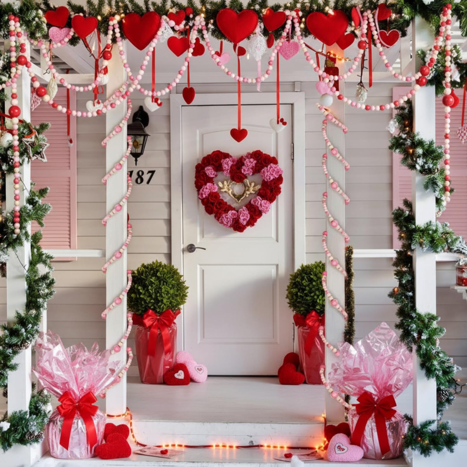 Bucherry Lot de 4 guirlandes de perles en bois de Noël de 8 m de style bohème et rustique, décoration d'intérieur à suspendre pour mur de sapin de Noël, 2,5 m (blanc, rose)