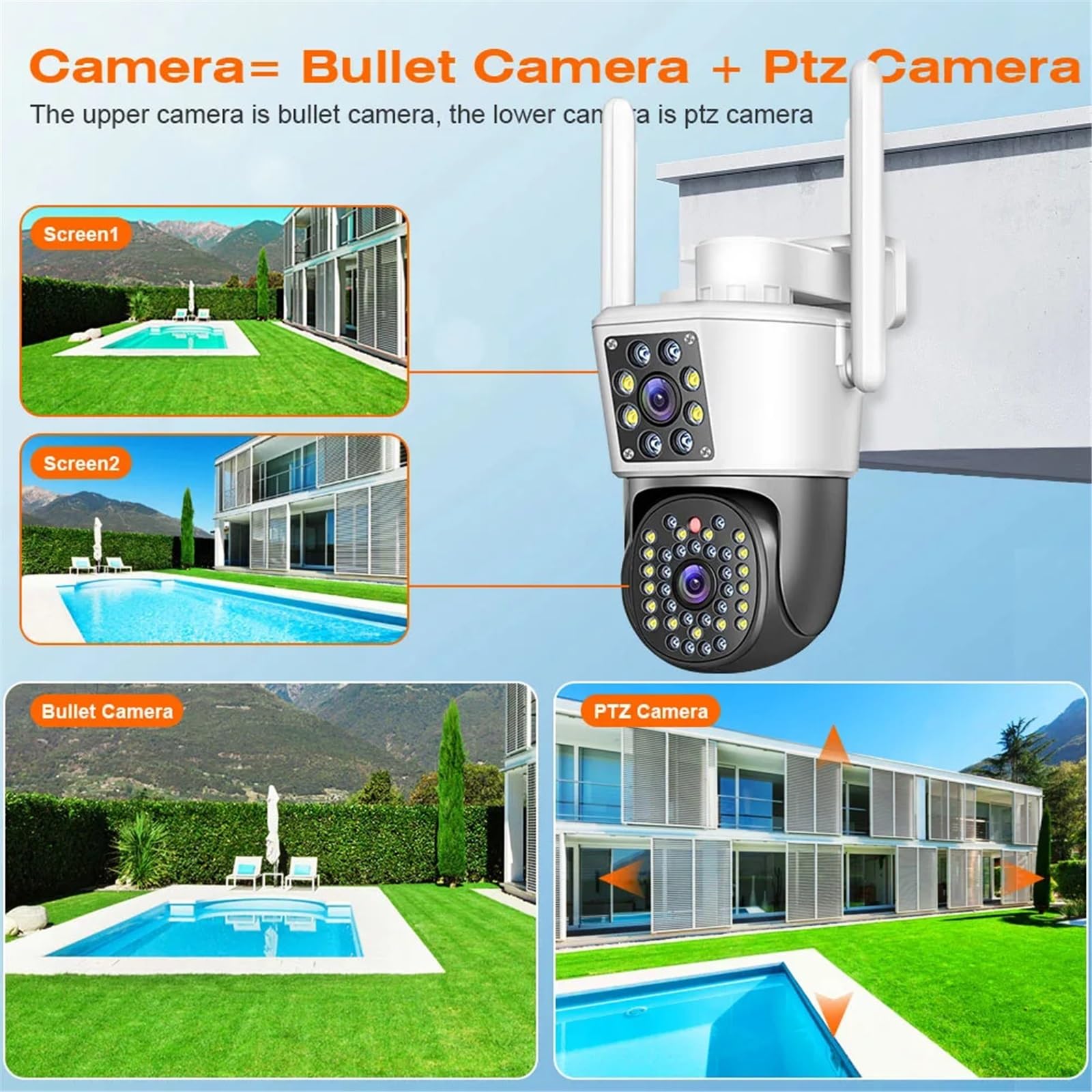 Kamera PTZ z podwójnym obiektywem IP CCTV z Wi-Fi, kamera do monitoringu wideo, sztuczna inteligencja, automatyczne śledzenie, noktowizor, zewnętrzne(NO CARD)