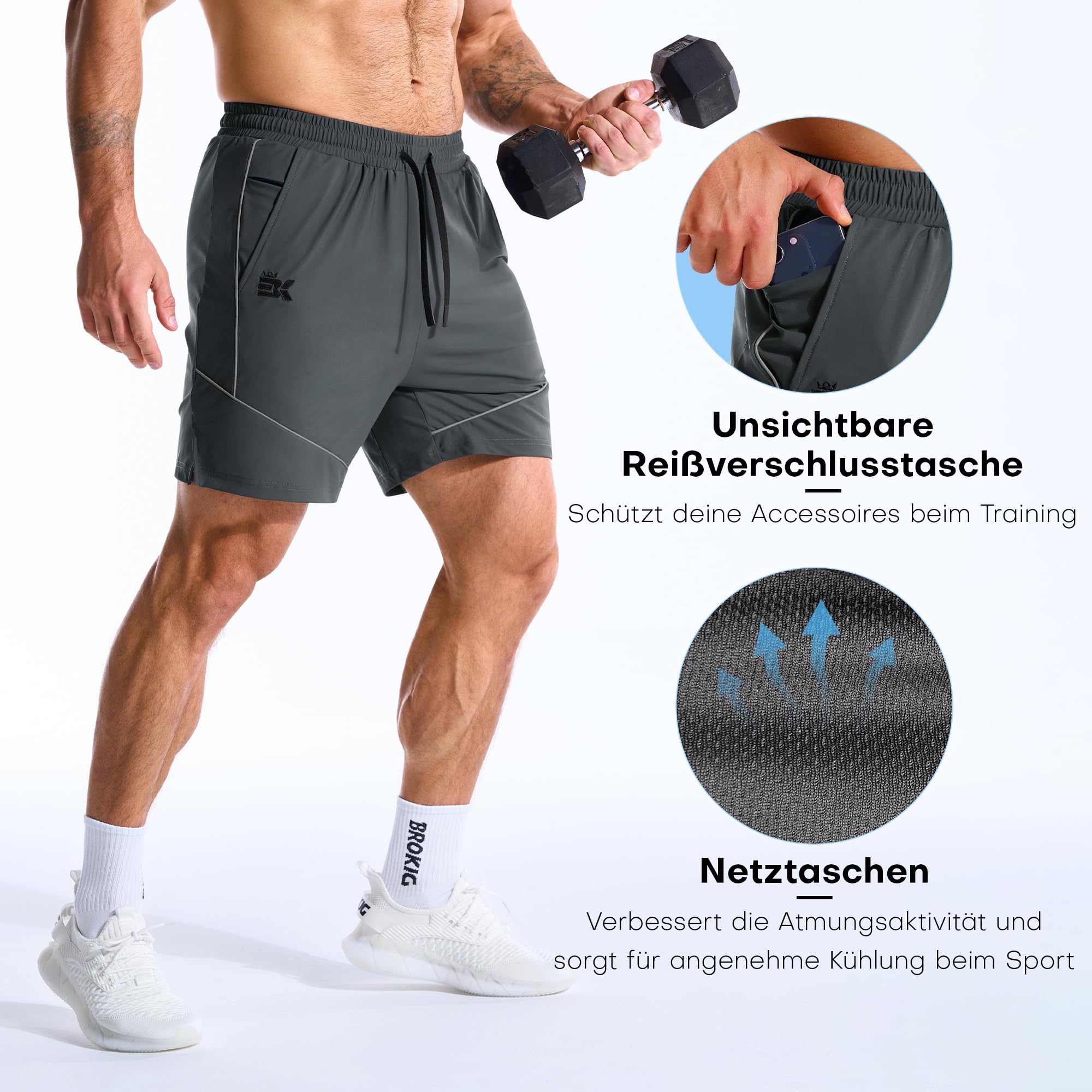 BROKIG Fitness Sport Shorts Herren Gym Workout Kurze Hose | Schnell Trocknend Laufhose Herren Kurz, Sport Shorts mit Reißverschlusstasche, Trainingshose Herren Kurz