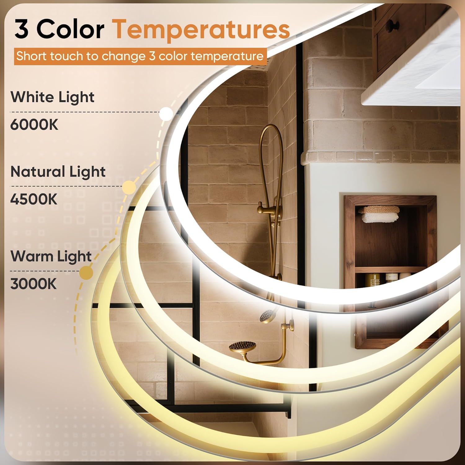 40"x 24" oval led bathroom mirror with lights, anti-fog, backlit dimmable, 3 colors, frameless lighted bathroom vanity mirror for wall with memory function, shatter-proof, tempered glass 40"l x 24"w oval style white frameless