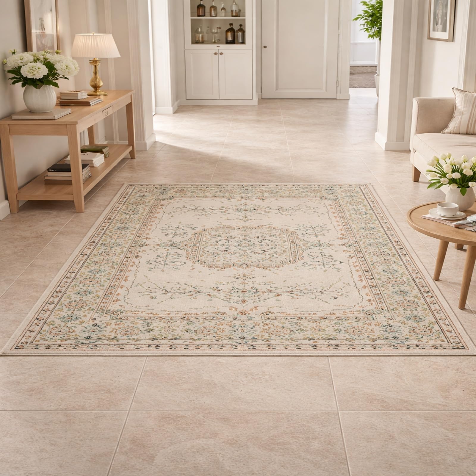 Tapis de salon lavable et antidérapant 120x180cm beige floral traditionnel idéal contre les taches