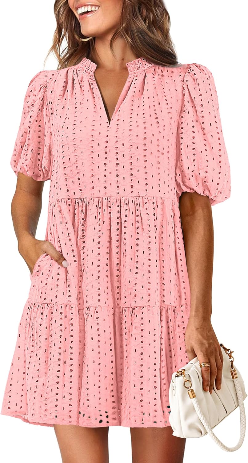 KIRUNDO Eyelet Summer Dresses for Women 2025 Mini Casual Hollow Out Short Sleeve Lace Tiered V Neck Shift Dress Pockets