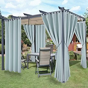 LORDTEX Waterproof Indoor/Outdoor Curtains for Patio - Thermal Insulated, Sun Blocking Detachable Sticky Tab Top Blackout Curtains for Bedroom, Porch, Pergola, Cabana, 52 x 120 inch, 2 Panels, Seafoam