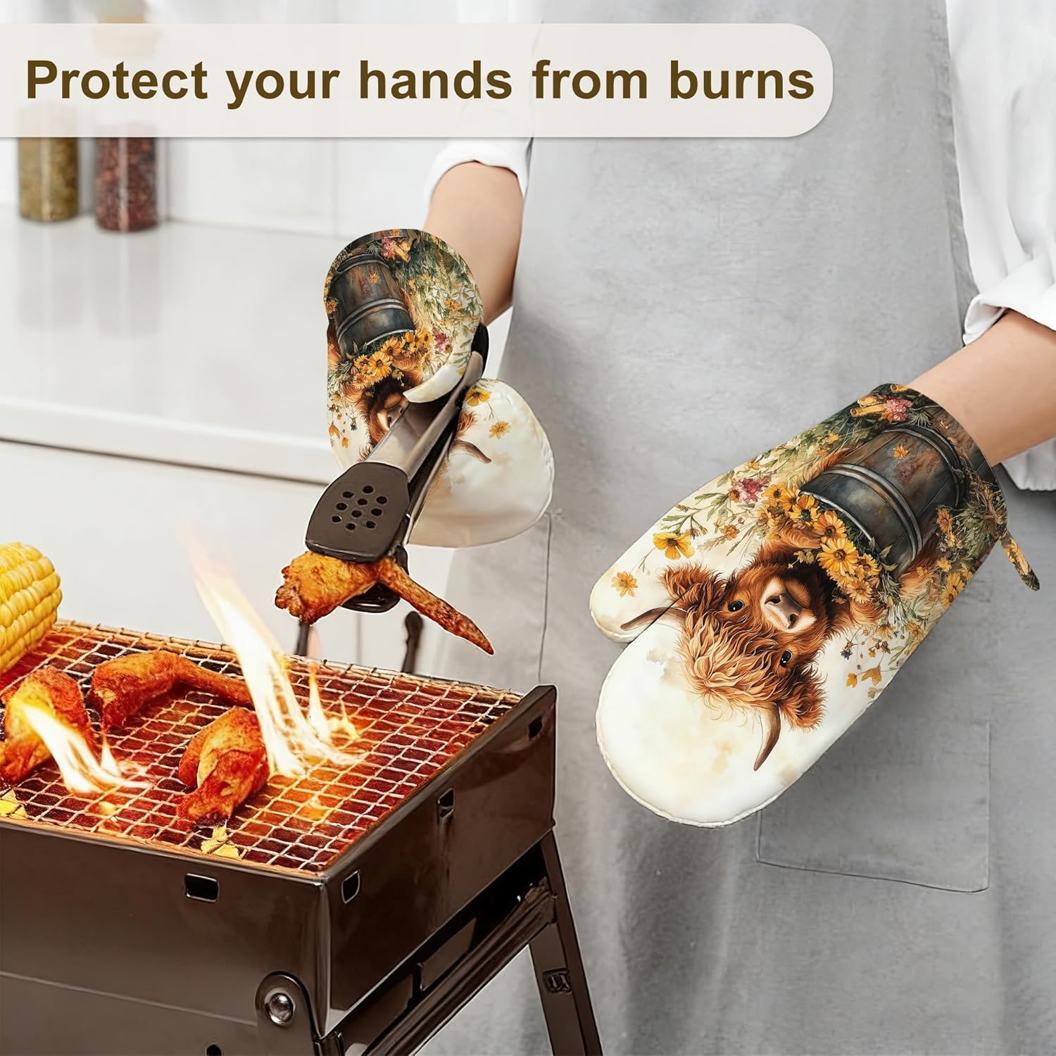 Highland Cow Oven Mitts and Pot Holders Sets of 4, Heat Resistant Cow Sunflower Silicone Oven Mitts Gloves Non-Slip Kitchen Mittens Potholders for Cooking Baking Grilling BBQ