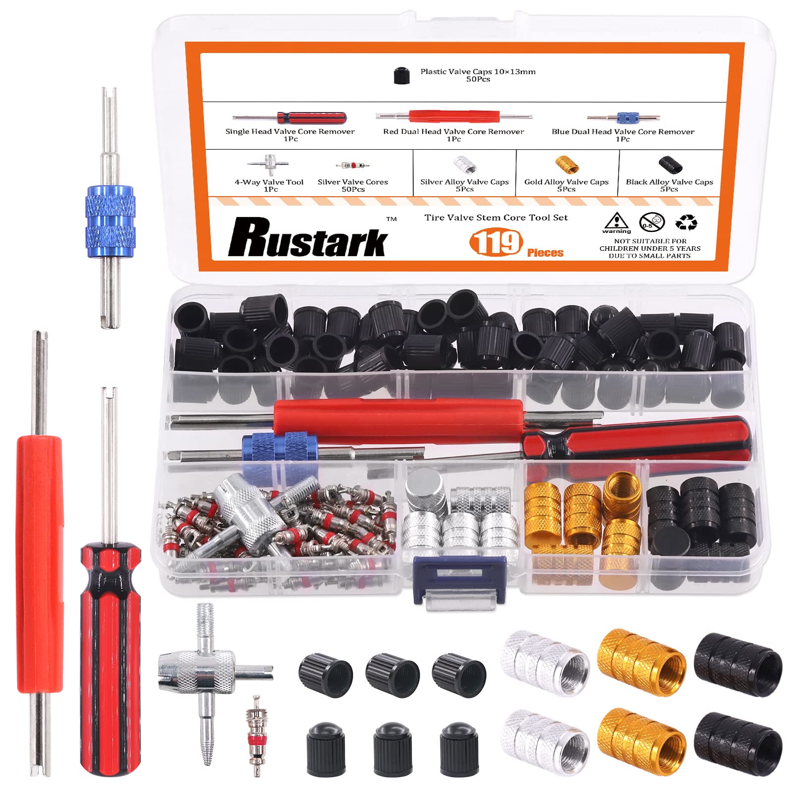 Rustark 119Pcs Valve Core Remover Tools with Aluminum Tire Valve Stem Caps, Valve Core, Dual Single Head Valve Core Remover and 4-Way Valve Tool Kit for Automotive Truck Motorcycle Bicycle
