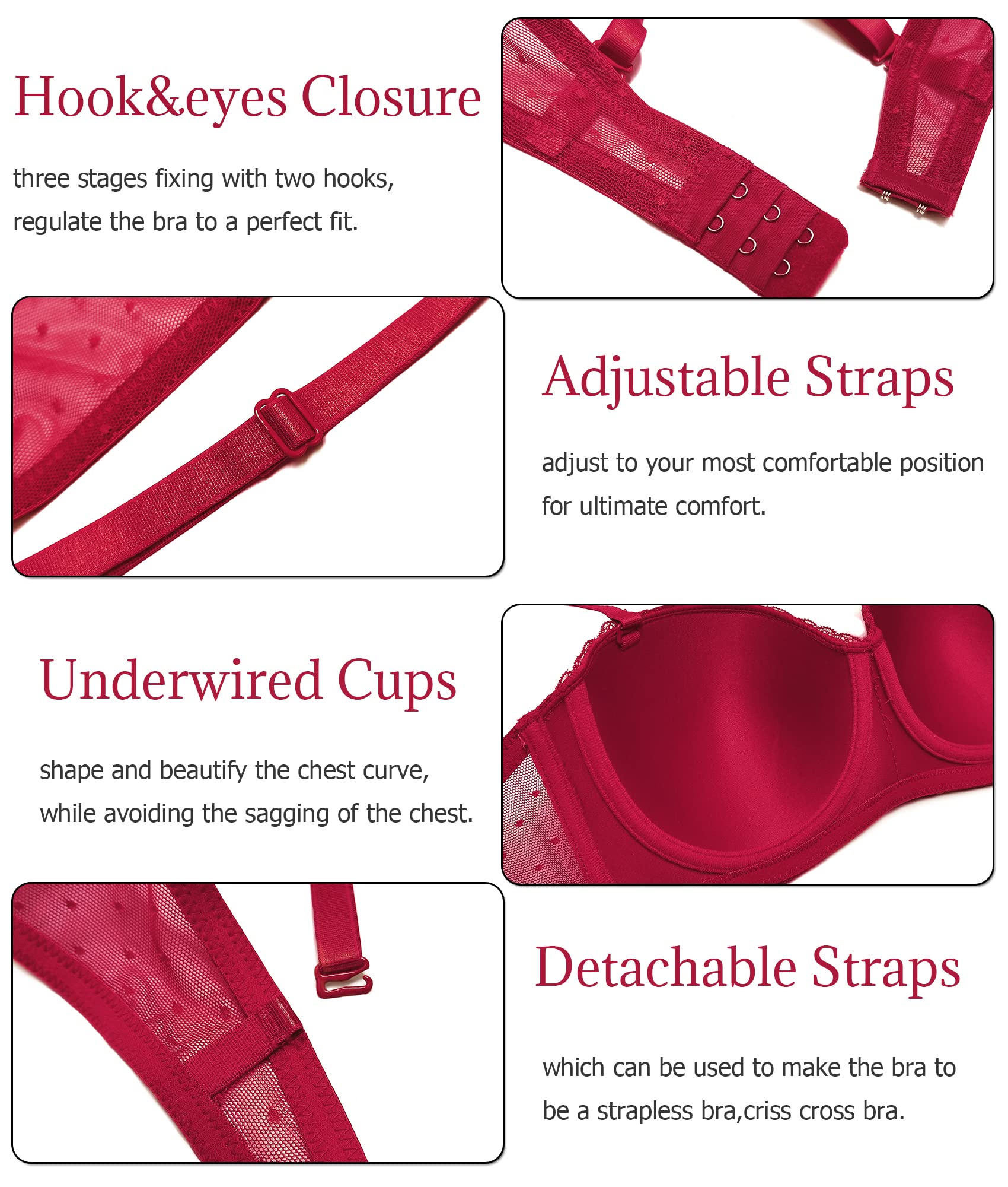 SHEKINI Sujetador Básico de 2 Piezas para Mujer Ropa Interior de Encaje con Anillo de Acero Sujetador sin Relleno Bralette Hebilla Trasera Correa de Hombro Ajustable Bra