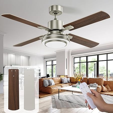 DWVO Ceiling Fan with Light Remote Control 52in, 4 Blade Ceiling Fan Light Fixtures Modern Reversible Brushed Nickel 6 Speeds, 3 Color Temperatures, Quiet DC Motor for Bedroom Living Room