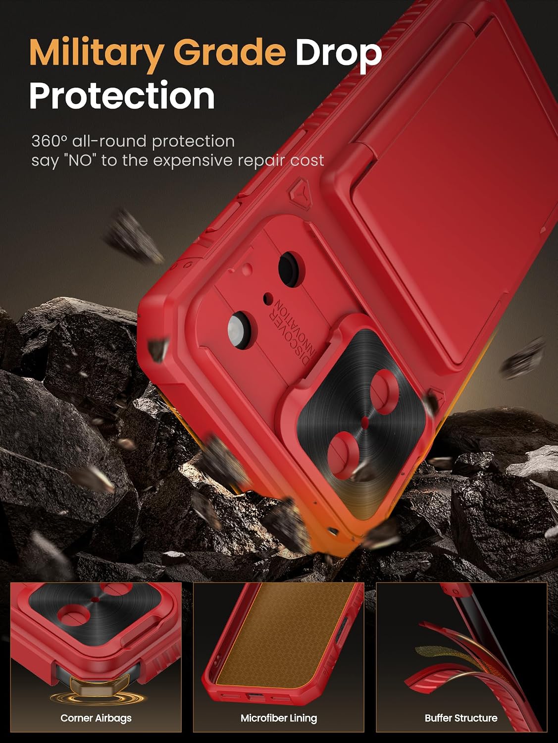 Vihibii for iPhone 17 Pro Max Case Wallet with Card Holder (4 Cards), Red | RFID Blocking, Slide Camera Lens Cover, Military-Grade Drop Protection, Rugged Back, Silicone Edge, All-in-one wallet case