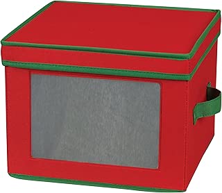 Household Essentials 536RED Holiday China Storage Chest with Lid and Handles | Dinner Plate | Red Canvas with Green Trim - coolthings.us