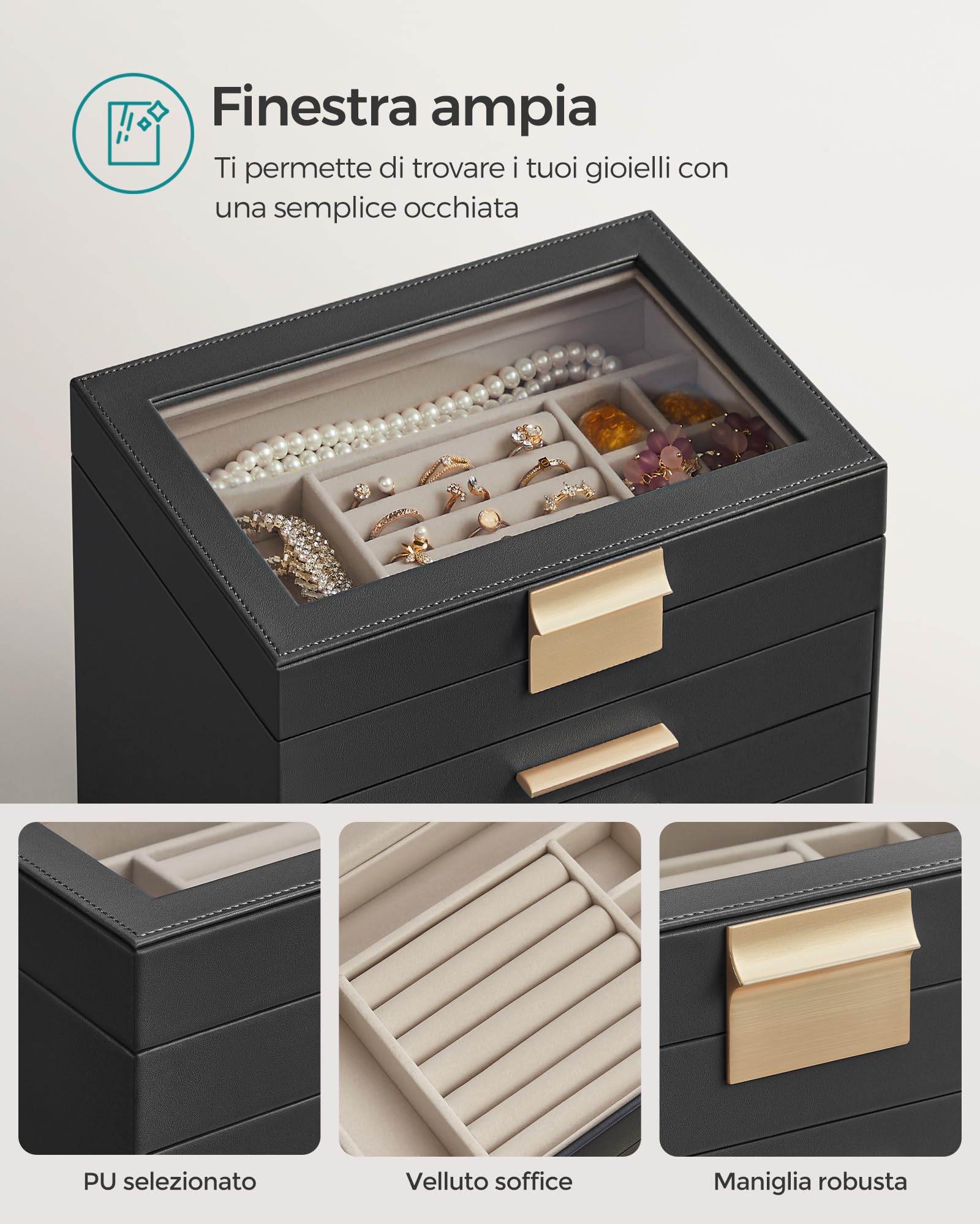 SONGMICS Scatola Portagioie, 6 Livelli, Coperchio in Vetro, 5 Cassetti, Porta Gioielli, Occhiali da Sole e Accessori Grandi, Moderno, Nero Grafite e Dorato JBC171B01