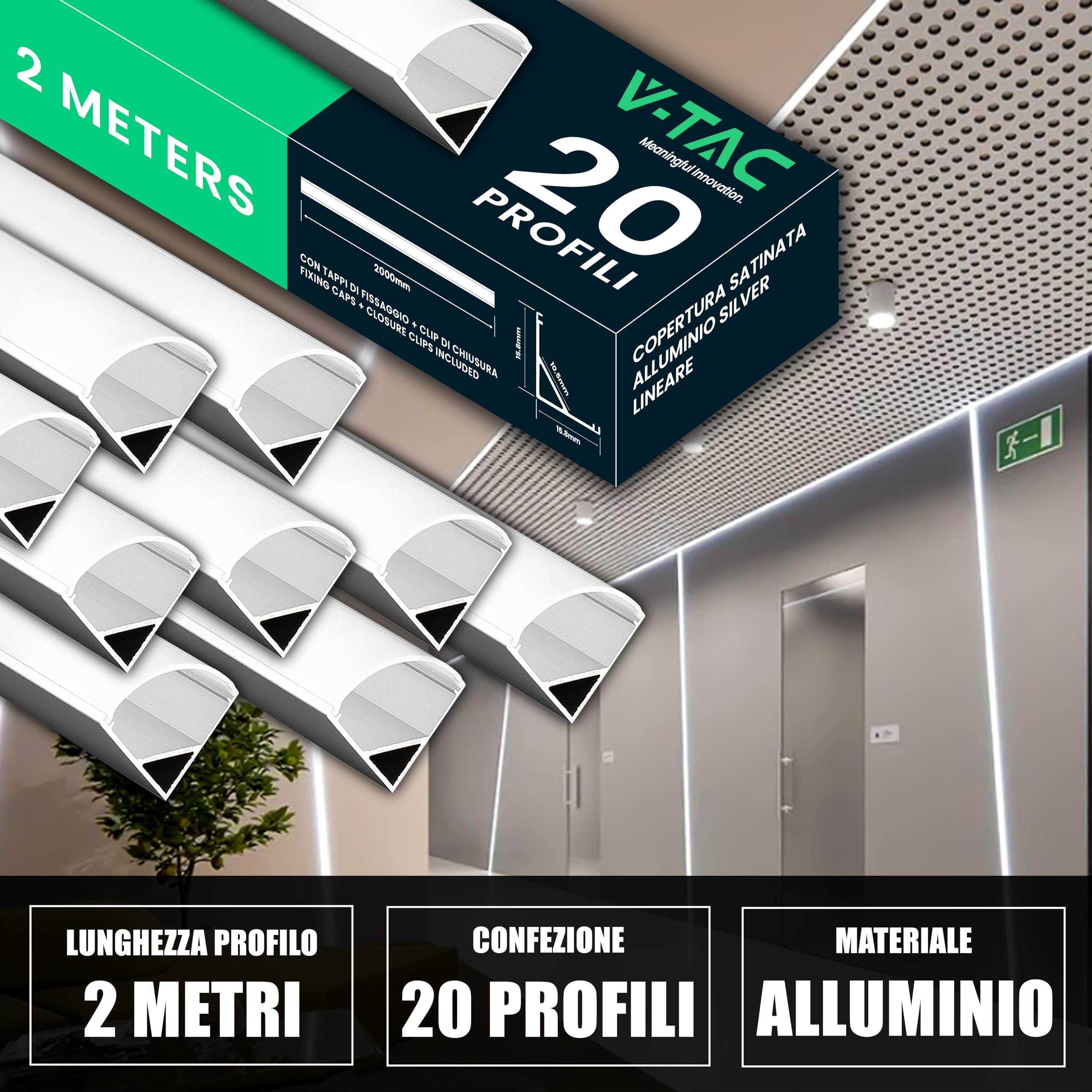 V-TAC 20x Profili Angolari da 2 METRI per Strisce Led - (40 Metri Totali) - Profili per Strisce LED in Alluminio con Copertura Satinata - Colore Argento - Angoli 21,3 x 15,8mm
