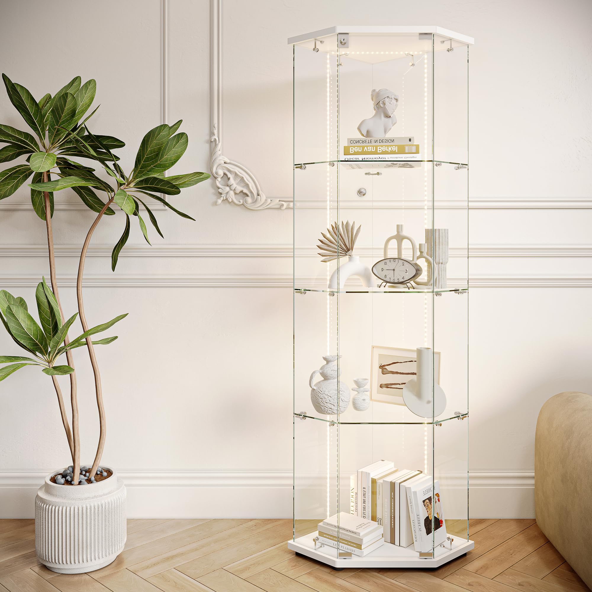 Vitrina de cristal LED, 4 capas, armario de esquina, 162 x 40 x 60 cm, vitrina para colección con puerta y cerradura, para salón y comedor, blanco