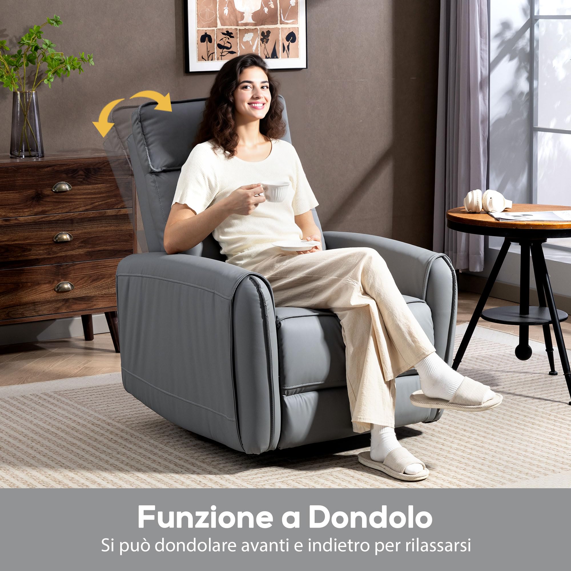 HOMCOM Poltrona Relax Reclinabile Manuale 135° con Poggiapiedi, Grigio | Seduta Ampia, Poltroncina Reclinabile Imbottita Girevole con Dondolo, Tessuto Effetto Pelle Traspirante, Salotto Soggiorno