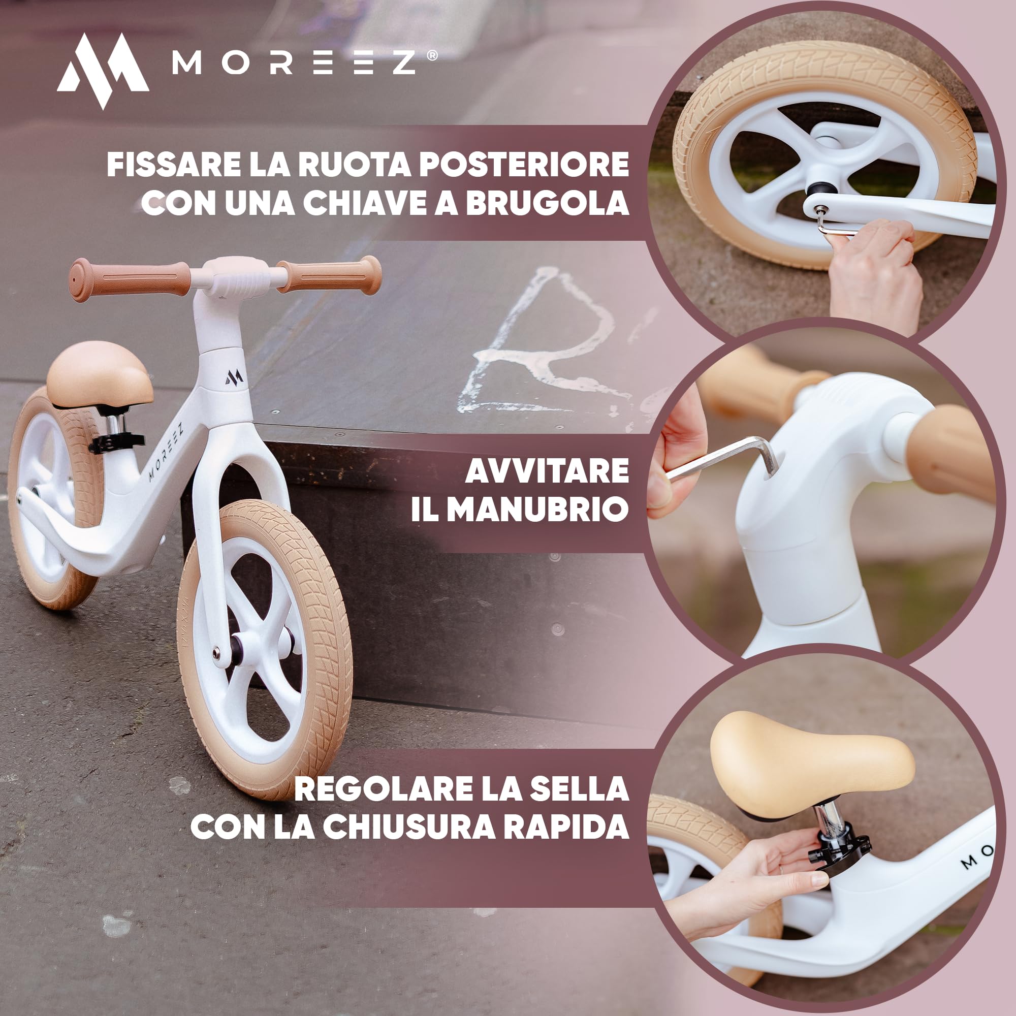MOREEZ Bicicletta da 2 anni [2-5 anni] ultraleggera per bambini con protezione anticaduta, seduta ergonomica, ruote da 50 kg, poggiapiedi antiscivolo, altezza regolabile