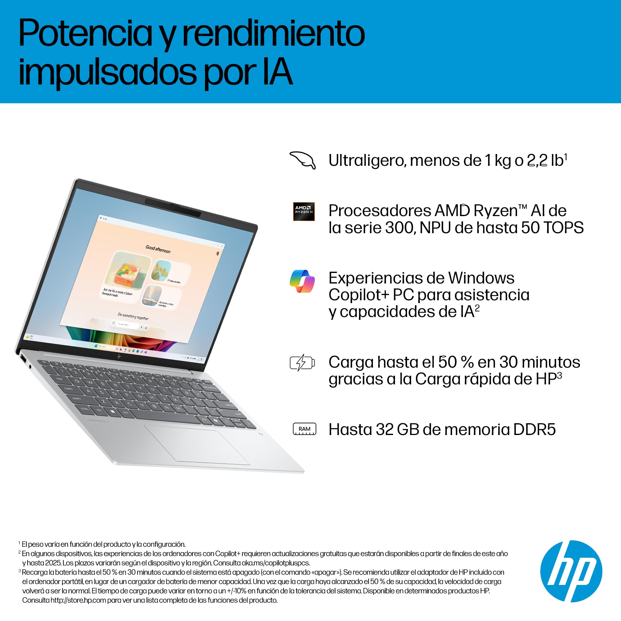 HP OmniBook 7 Aero Ordenador Portátil 13.3" 2K Ryzen AI 7 350, 32GB, 1TB | Ultraligero <1 kg, IA 50 TOPS, AMD Radeon 860M, batería de larga duración, WiFi 6, Windows 11, Teclado Qwerty Español, Gris