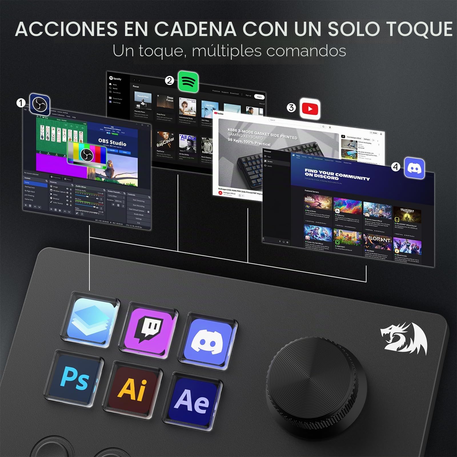 Redragon SS551 Controlador Streaming Macro Pad con Teclas LCD | Macro pad todo en uno con teclas y diales LCD, estación de streaming para creadores y gaming, compatible con PC y Mac
