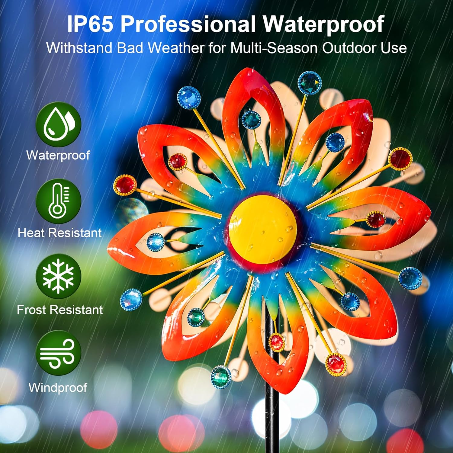 Solar Wind Spinner Outdoor Metal Garden Decor – 60.63'' Kinetic Flower Sculpture with Color-Changing LED Crackle Glass Ball & Gemstone, Waterproof Wind Catchers for Patio, Yard, Lawn Art Decoration