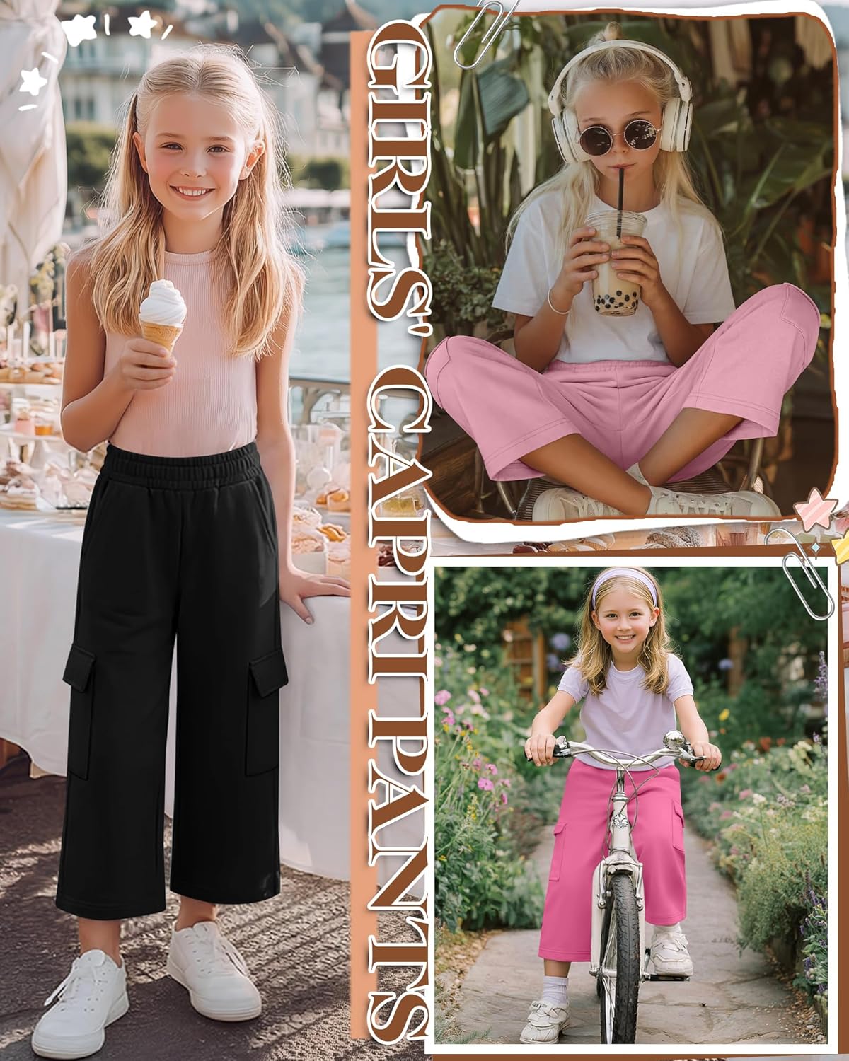 Halfchet 3 Pack Girl's Cargo Capri Pants Wide Leg Elastic Waistband Sweatpants Baggy Casual Athletic Trousers with 4 Pockets