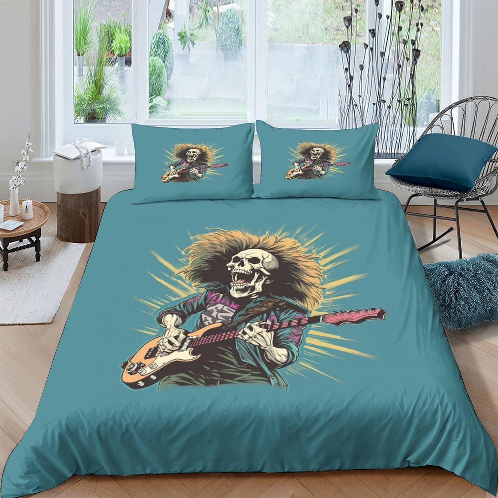 Ctjqhvkz Style-1 3D Printed Rock Guitar Skeleton Fitted Sheet Microfiber Soft Breathable Punk Skull Bed Cover For Bedroom Dorm Decor Single（135X200cm）