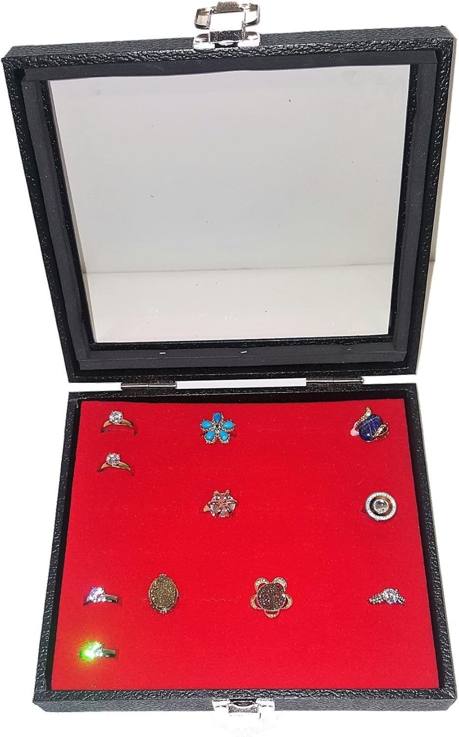 Glass Top Black Jewelry Display Case with 36 Slot Red Ring Display Insert