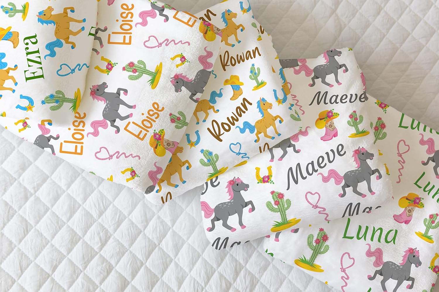Western Personalized Baby Blankets for Girls and Boys with Name and Horse, Cactus, Horseshoe and Cowboy Boots - Texas Customized Blankets for Baby Shower, Birthday, Christmas - Personalized Baby Gifts