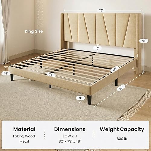 Miniatura 2 de SHA CERLIN Base de cama tamaño King con cabecera geométrica con respaldo de ala, cama de plataforma tapizada con espacio debajo de la cama de 8