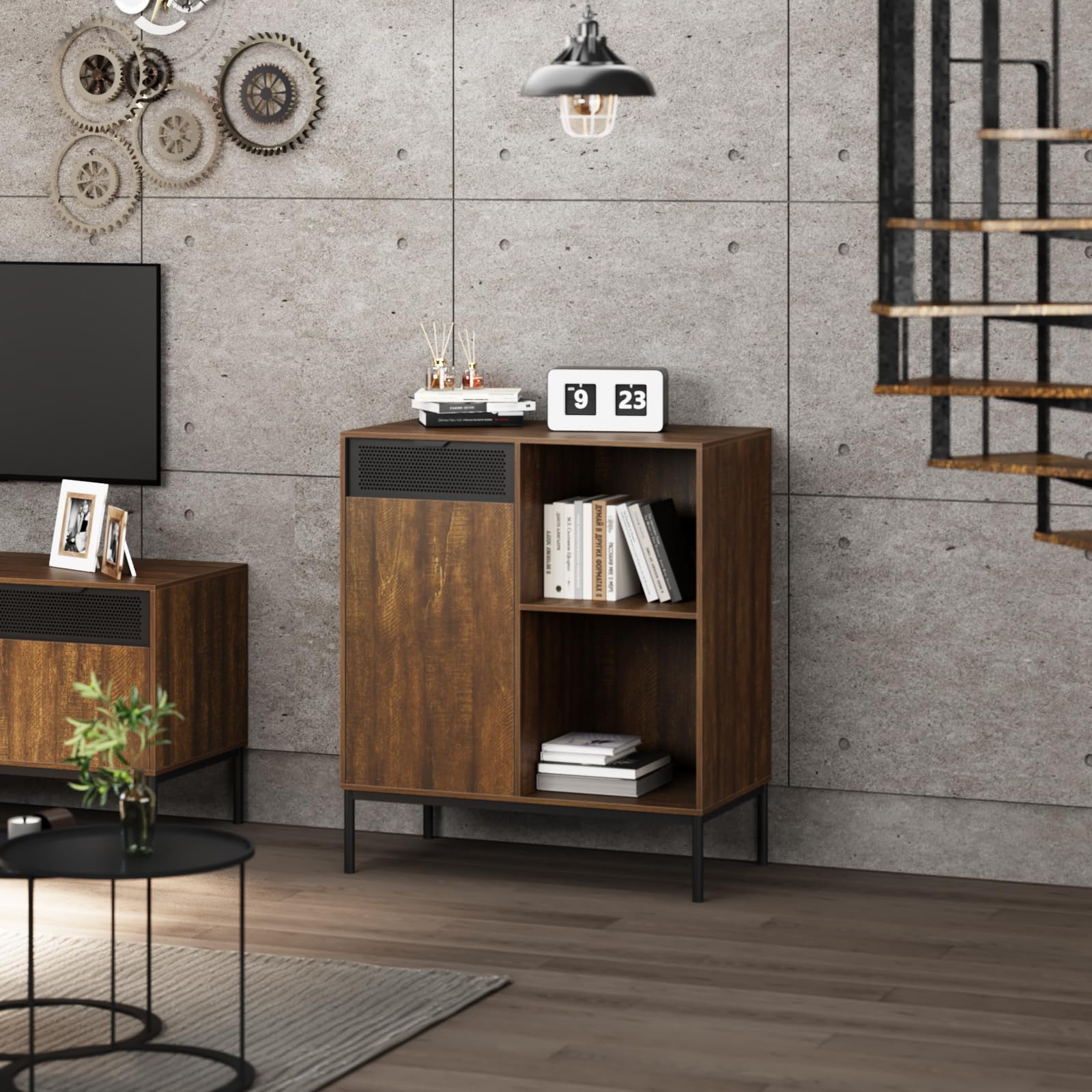 Mondeer Buffet, Meuble de Rangement avec 1 Portes en Compartiment Ouvert pour Salon Chambre Salle à Manger, Style Industriel, L72,5 x H88 x P40 cm, Marron Rustique et Noir