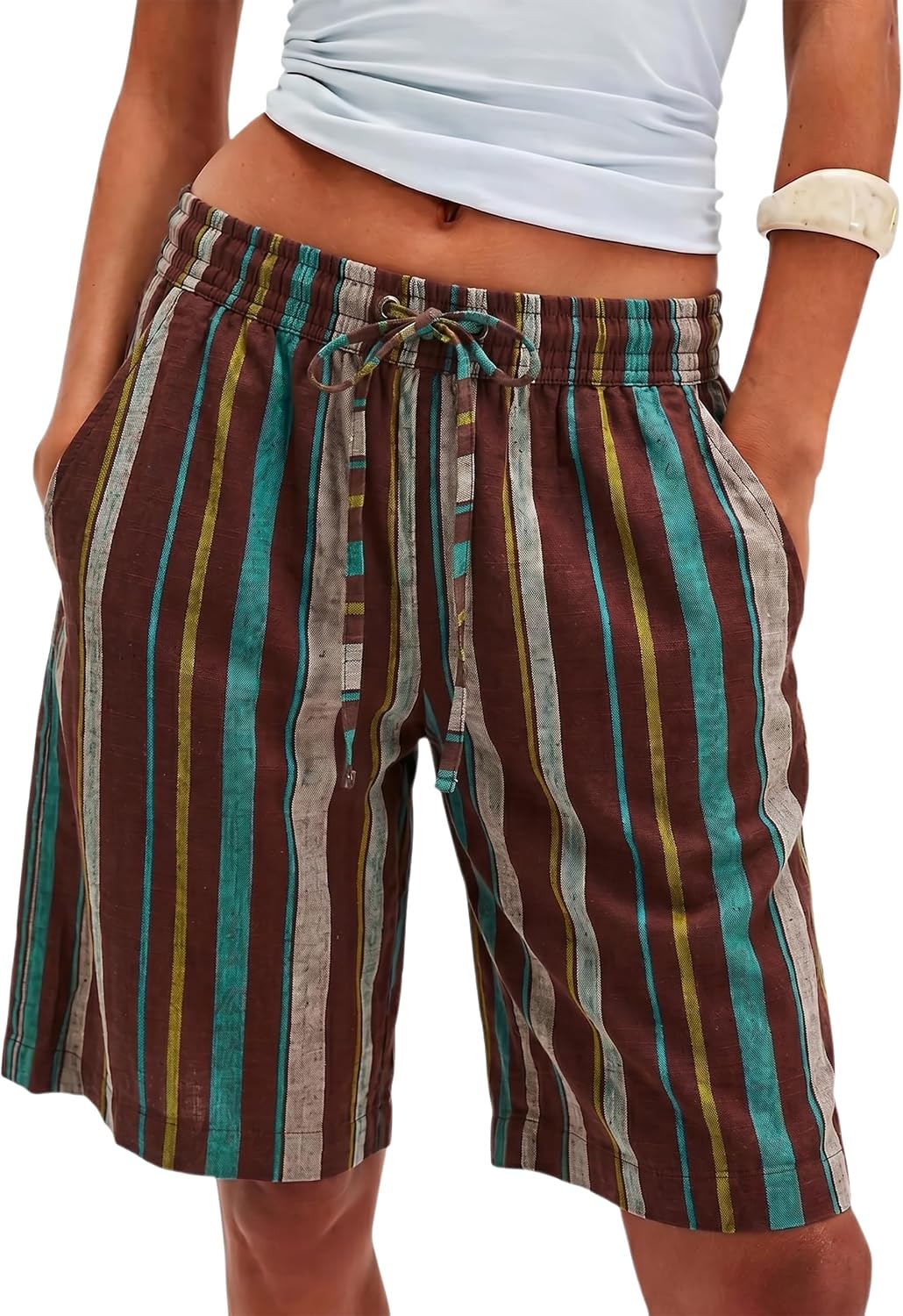 MISSACTIVER Women Stripe Bermuda Shorts Knee-Length Drawstring Elastic Waist Wide Leg Baggy Shorts with Pockets