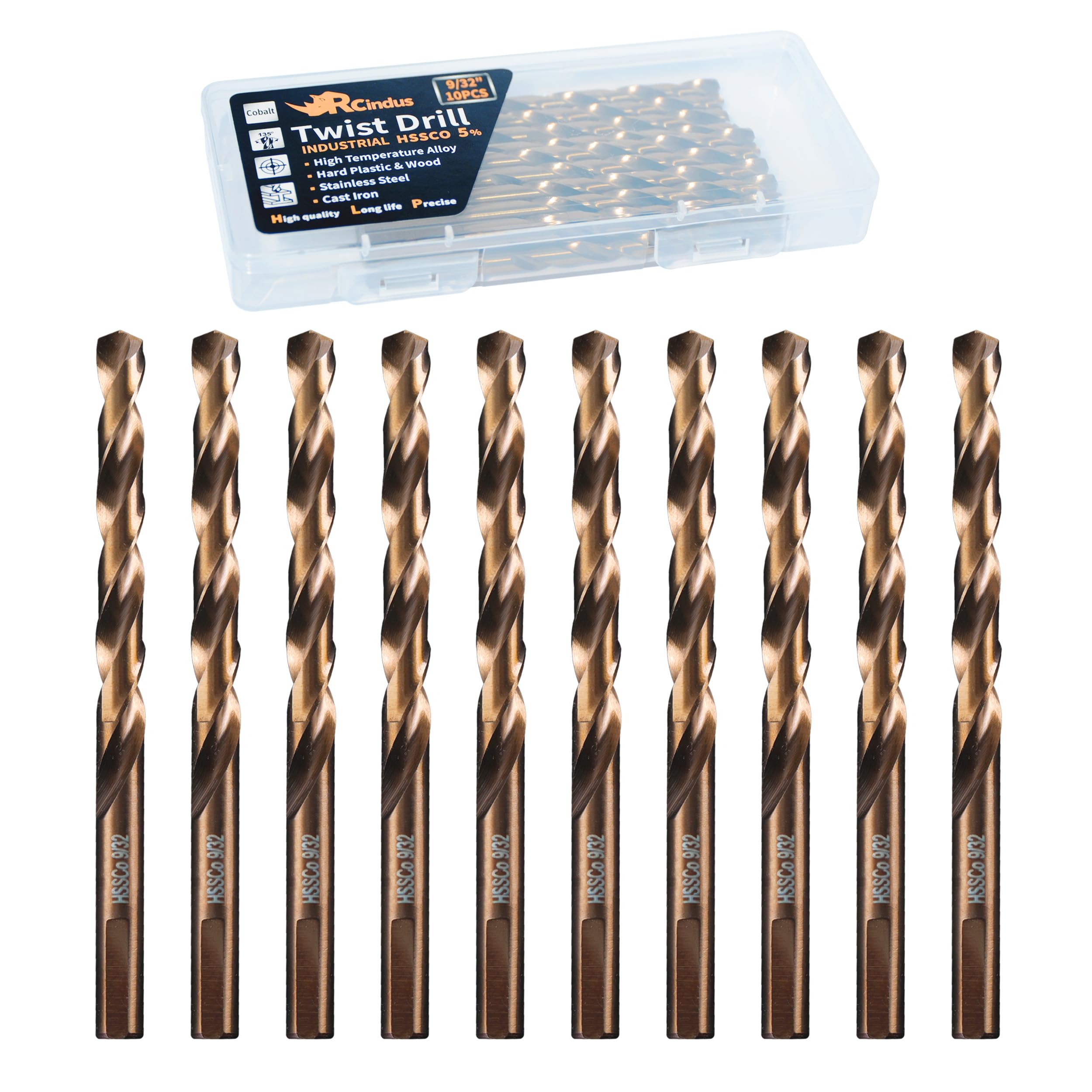 RCINDUS (10PCS) 9/32" Cobalt Drill Bit, HSS M35 Metal Drill Bits for Steel, Stainless Steel, Cast Iron, Hard Plastic and Wood