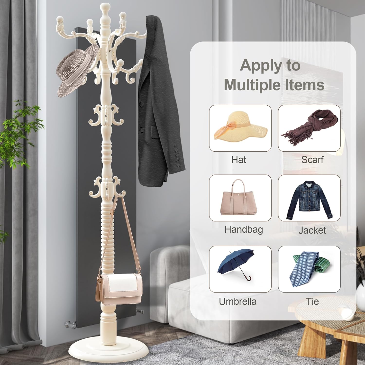 Wooden Coat Rack Free standing 18 Hooks, Vintage Coat Rack Stand for Entryway, Adjustable Height 73", Heavy Duty Coat Tree with Solid Round Base for Home Bedroom, Office (vintage White)