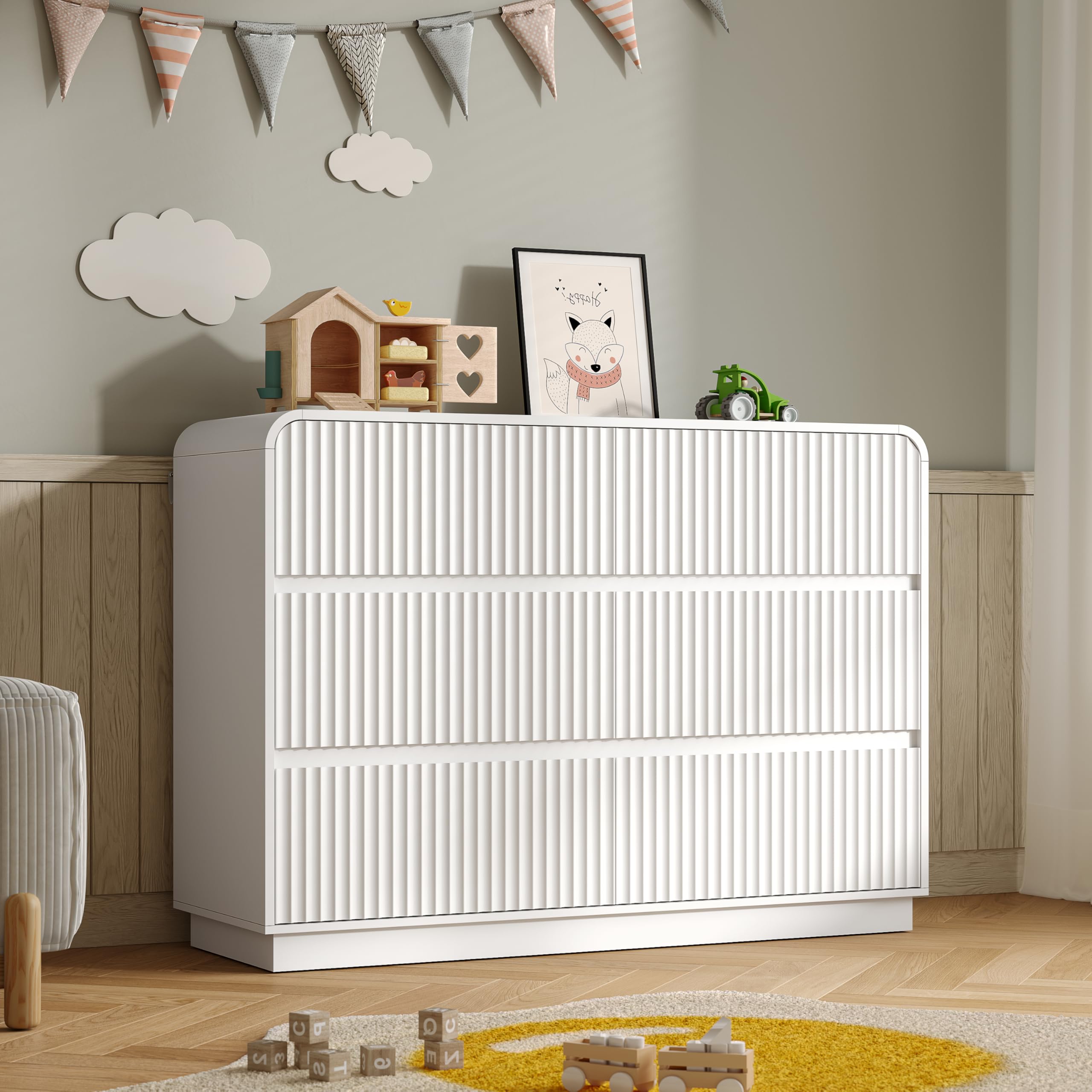 BORNOON Dresser for Bedroom with 6 Drawers, Fluted Chest of Drawers with Round Curved Corner, Hidden Handles, Modern Wood Storage Organizer for Bedroom, Nursery, Living Room