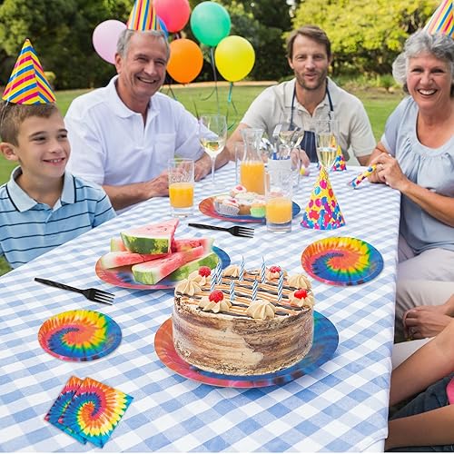 Miniatura 6 de Juego de 96 piezas con diseño de teñido anudado para fiesta, teñido anudado, temática hippie de los años 60, decoración de mesa, suministros de