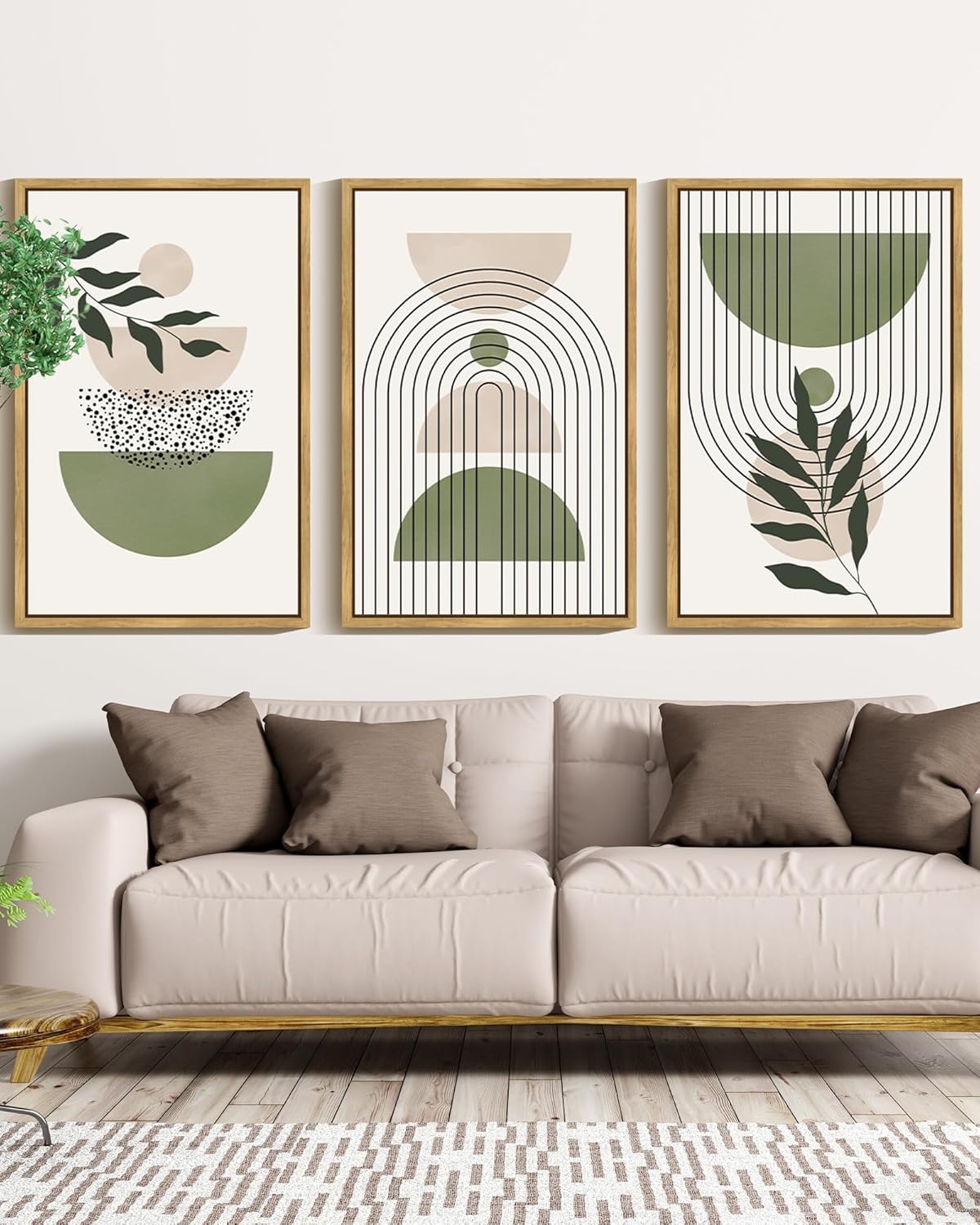 Drsoum Large 16x24in Green Botanical Boho Wall Art Framed Modern Sage Bohemian Wall Decor Abstract Geometry Lines Prints Ready to Hang Natural Framed