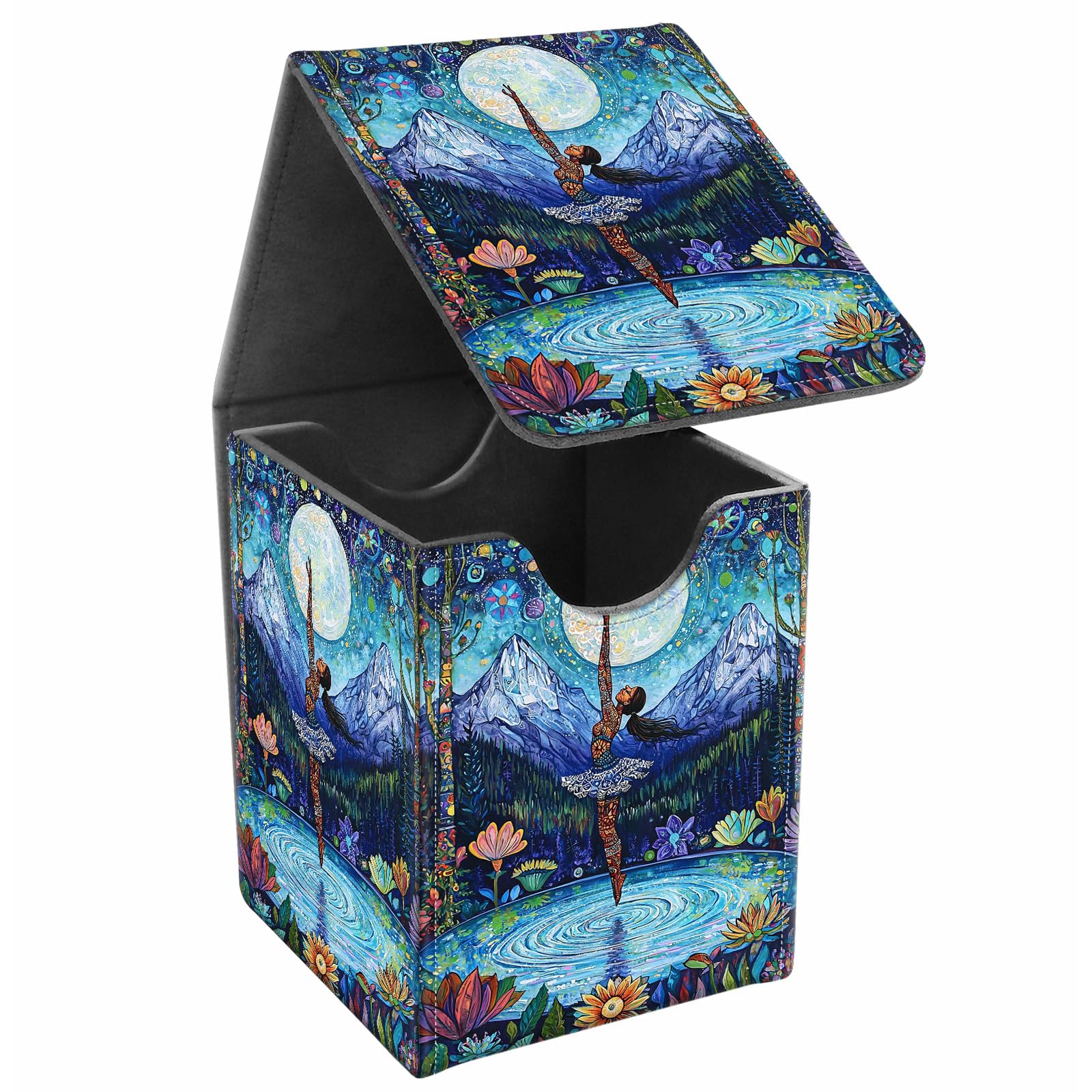 JANENFNA Card Deck Box, Card Storage Box Fits 100+ Single Sleeved Cards, Large Capacity PU Leather Card Storage Box with Strong Magnet for Magic Commander TCG/CCG, Mandala Moonlight Mystery