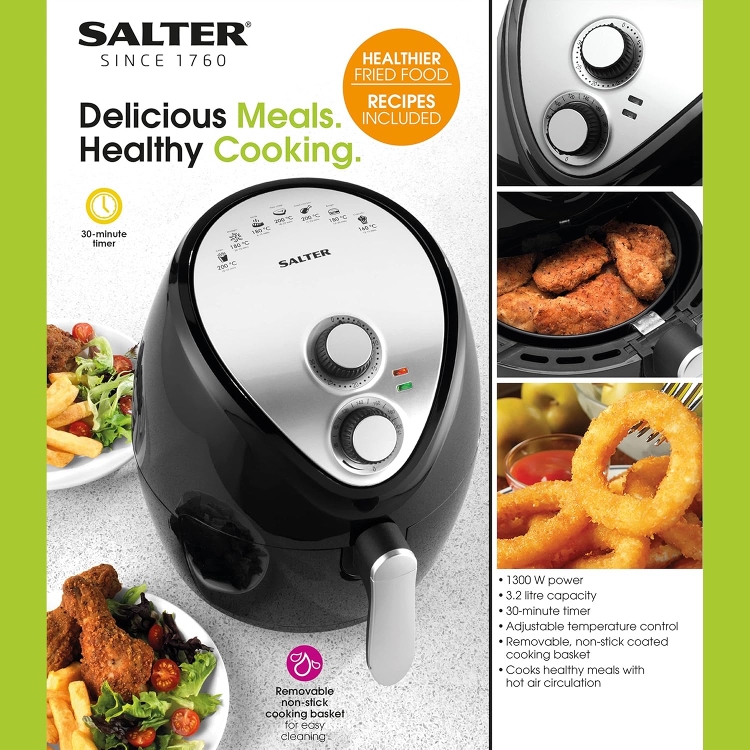 Salter EK2818-Friggitrice ad Aria Calda, 3,2 Litri, 1300 W, Ideale per cibi fritti più sani, Timer 30 Minuti, Controllo della Temperatura Regolabile, Nero, 3.2 Litre Salter EK2818-Friggitrice ad Aria Calda, 3,2 Litri, 1300 W, Ideale per cibi fritti più sani, Timer 30 Minuti, Controllo della Temperatura Regolabile, Nero, 3.2 Litre