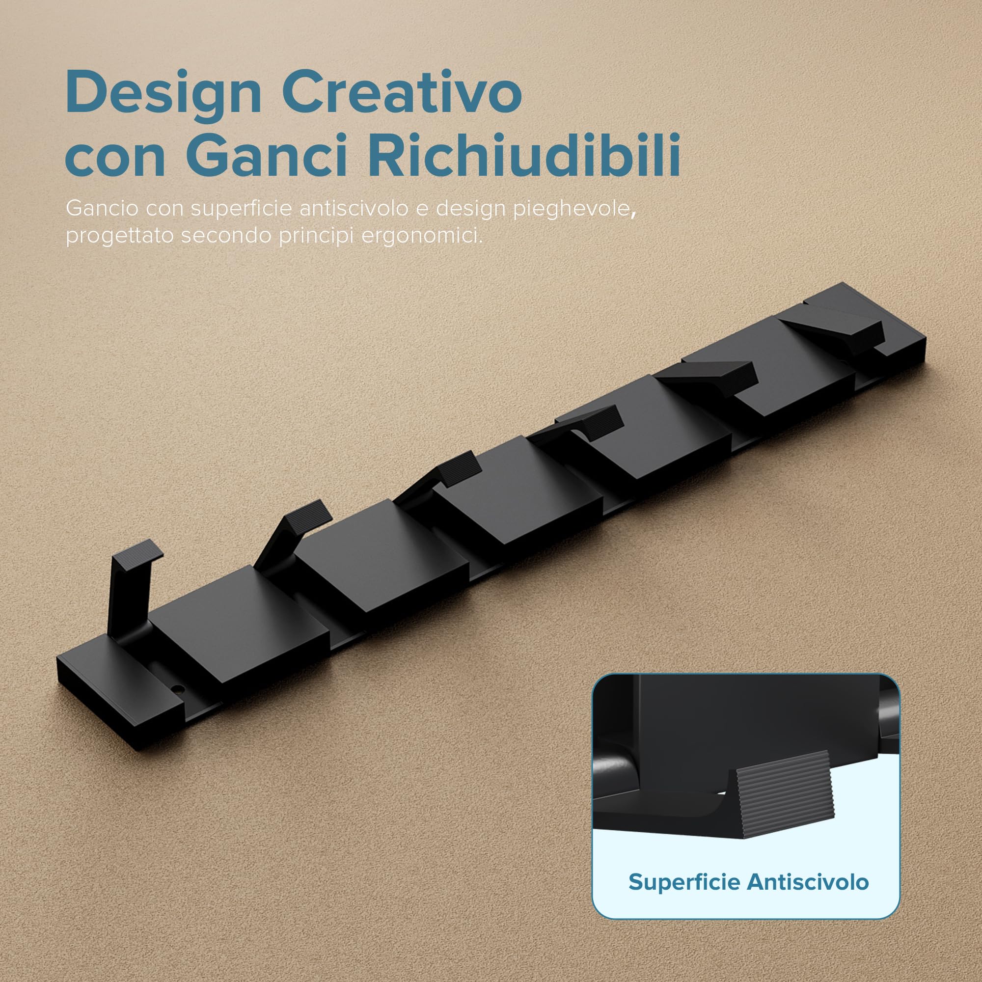doporro Appendiabiti da Parete con 6 Ganci Ribaltabili, Attaccapanni da Muro in Alluminio Appendiabiti 44,5 cm per Cameretta, Ingresso, Cucina, Nero Wandgarderobe01