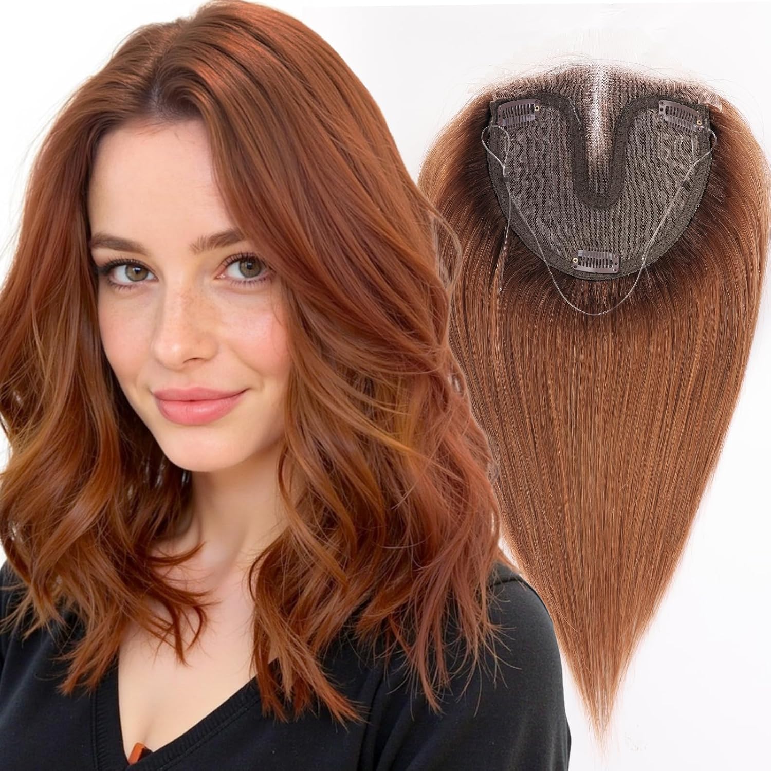 Real Human Hair Topper 12 Inch 55g, SilkHug 5"x6" Aeromesh Essential Base, Invisible Lace Front, Halo Wire Secure Fit,Topper Hairpiece Human for Women Thinning Hair, Copper Rose(30#)