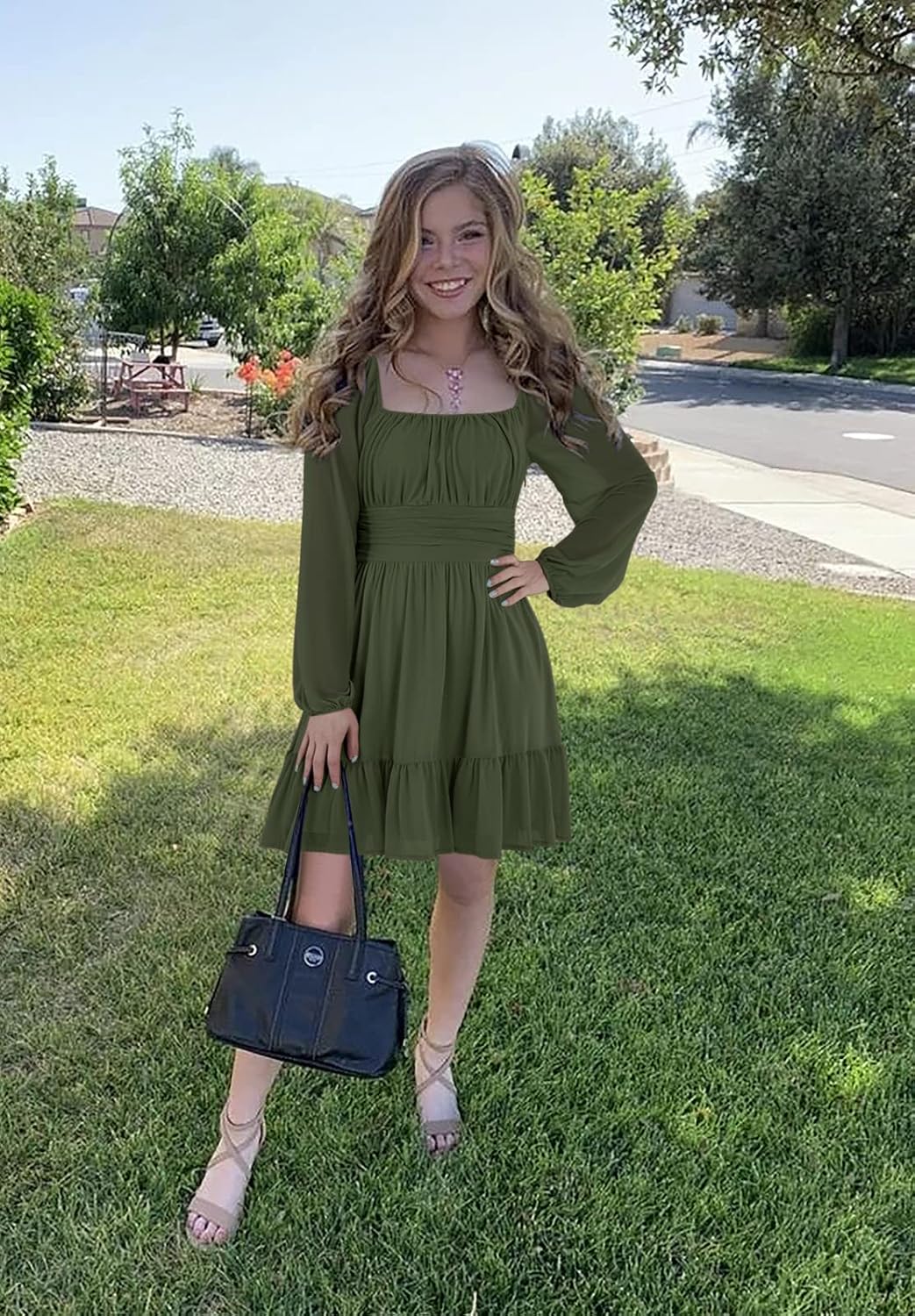 Wenrine Women's Mesh Long Sleeve Square Neck Dress High Waist A Line Ruffle Hem Flowy Casual Party Mini Dress - Image 3