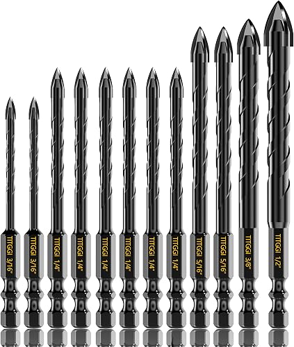 12Pcs Cross-Tip Masonry Drill Bit Set & Concrete Drill Bit Set, 3/16"-1/2" | Carbide Drill Bits for Concrete, Ceramic, Tile, Cement, Brick & Glass, Wide Flute, Hex Shank, Bath & Kitchen, Wall Anchors