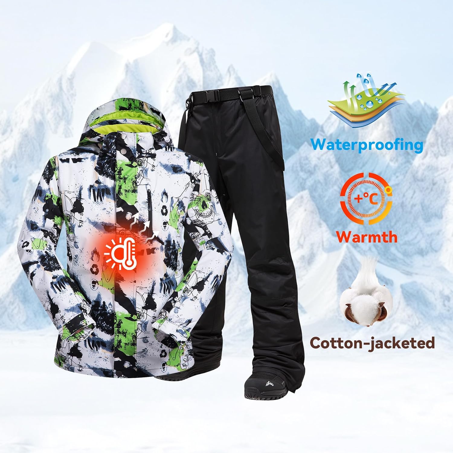 Men's Ski Jacket and Pants Set,Waterproof Warm Ski Suit,Winter Adult Snow Suit for Mountain Snowboarding