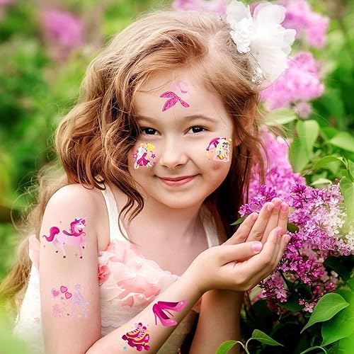 Miniatura 6 de DPKOW 96 tatuajes temporales de princesa rosa para niñas, niños y mujeres, calcomanías de tatuajes rosas para niñas, suministros de recuerdos de