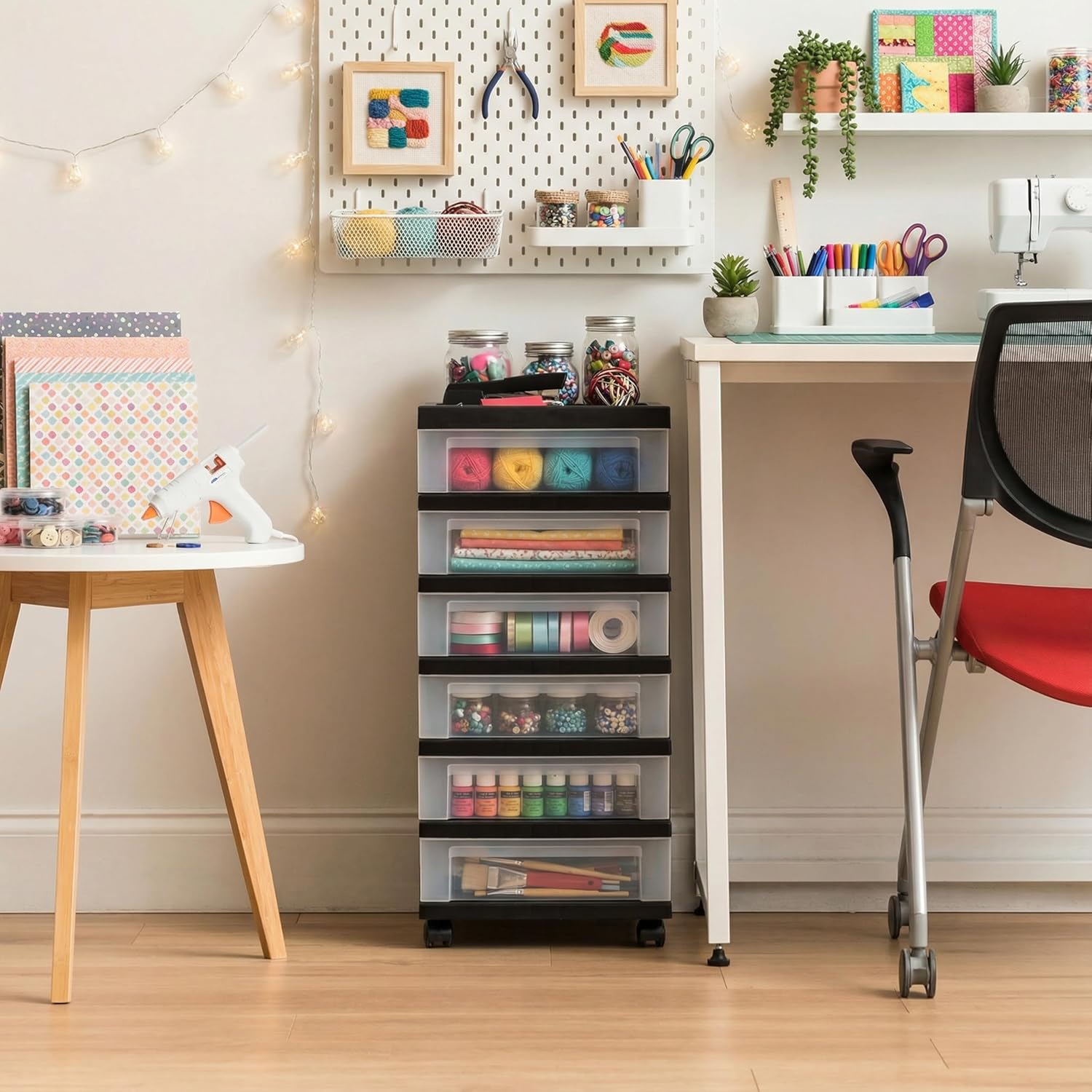 IRIS USA Plastic Drawer Storage Organizer Rolling Cart, with Wheels Casters, 6-Drawers, for Classroom Art Craft Supplies Dresser Closet Bathroom Laundry Room, Black/Clear - Image 2