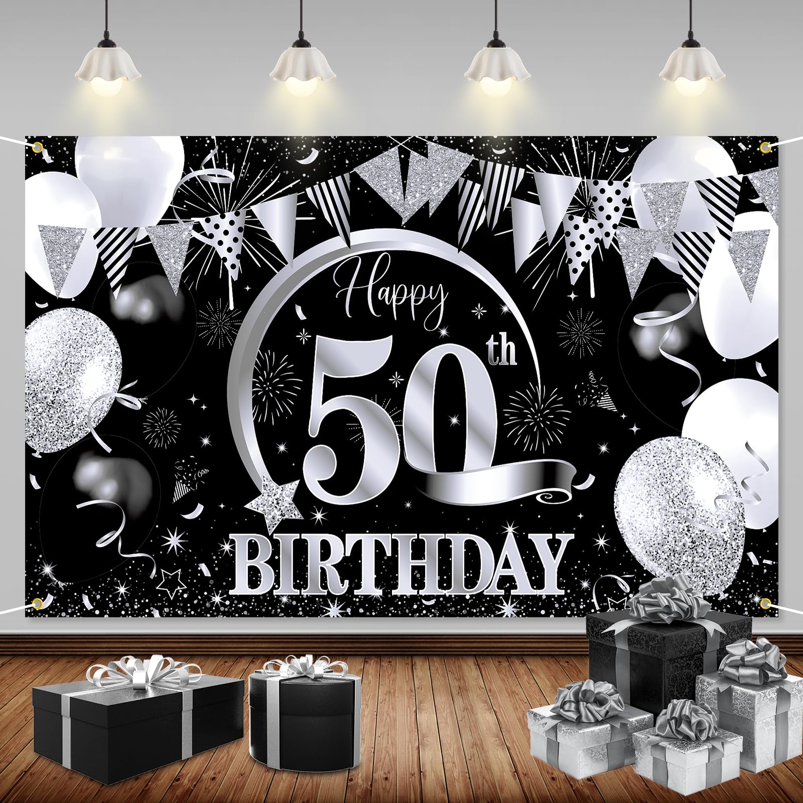 Toile Fond Photo 50e Bannière Happy 50th Birthday Noir Et Or - 180x110cm -  Décoration Fête Anniversaire Avec Ballons Bannière Anniversaire, image size:1600x1600