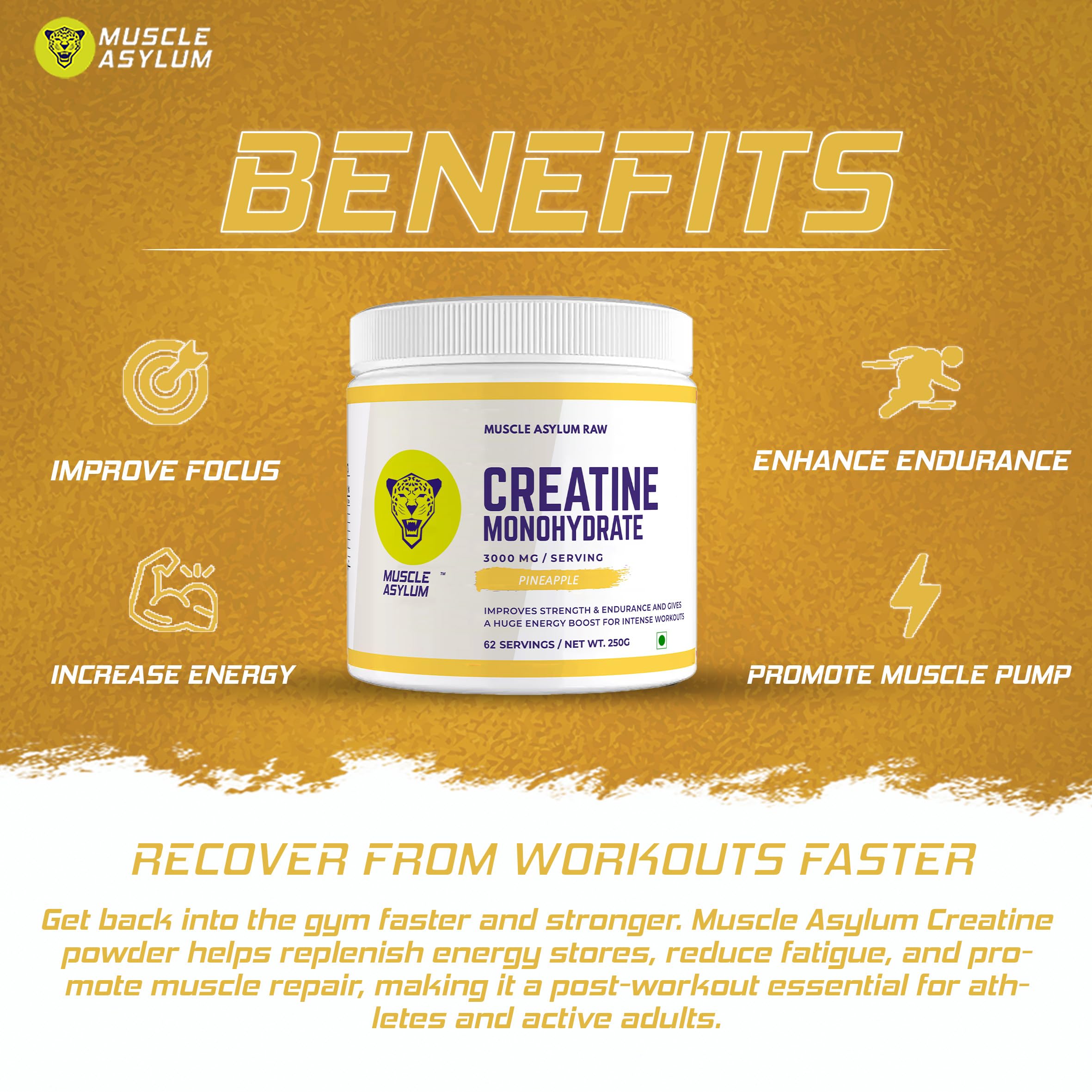 Muscle Asylum Pure Creatine Monohydrate | 250g, 62 Servings | Pineapple | With Genuine Lab Reports | Enhanced Muscle Strength & Power | Fast Recovery | Increased Muscle Mass - Image 6 thumbnail