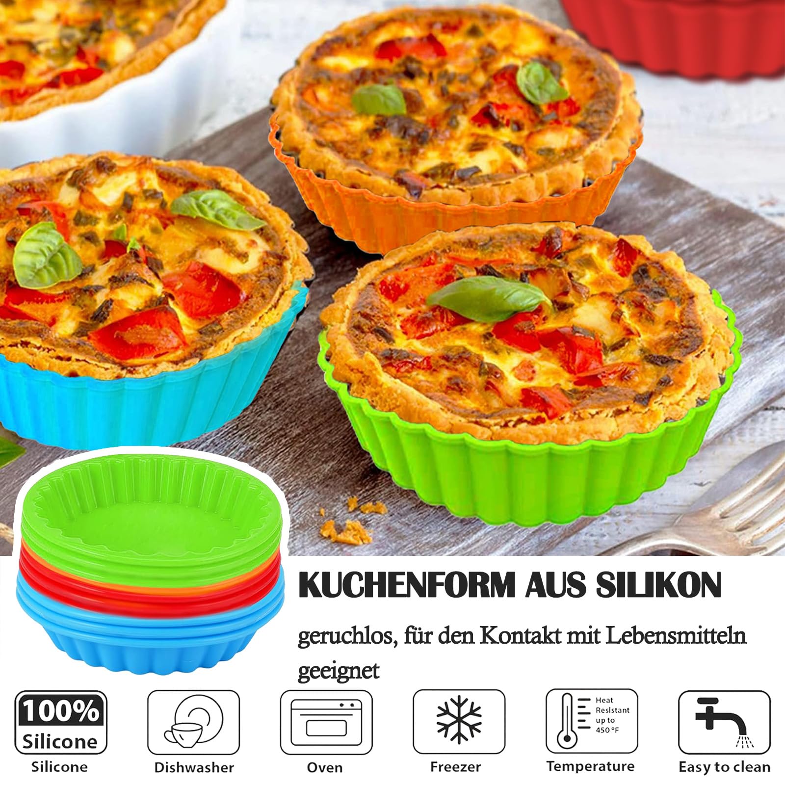 8 sztuk silikonowych foremek do tarty, 10 cm, nieprzywierające, do quiche, wielokrotnego użytku, małe do produkcji babeczek, muffinek, chleba